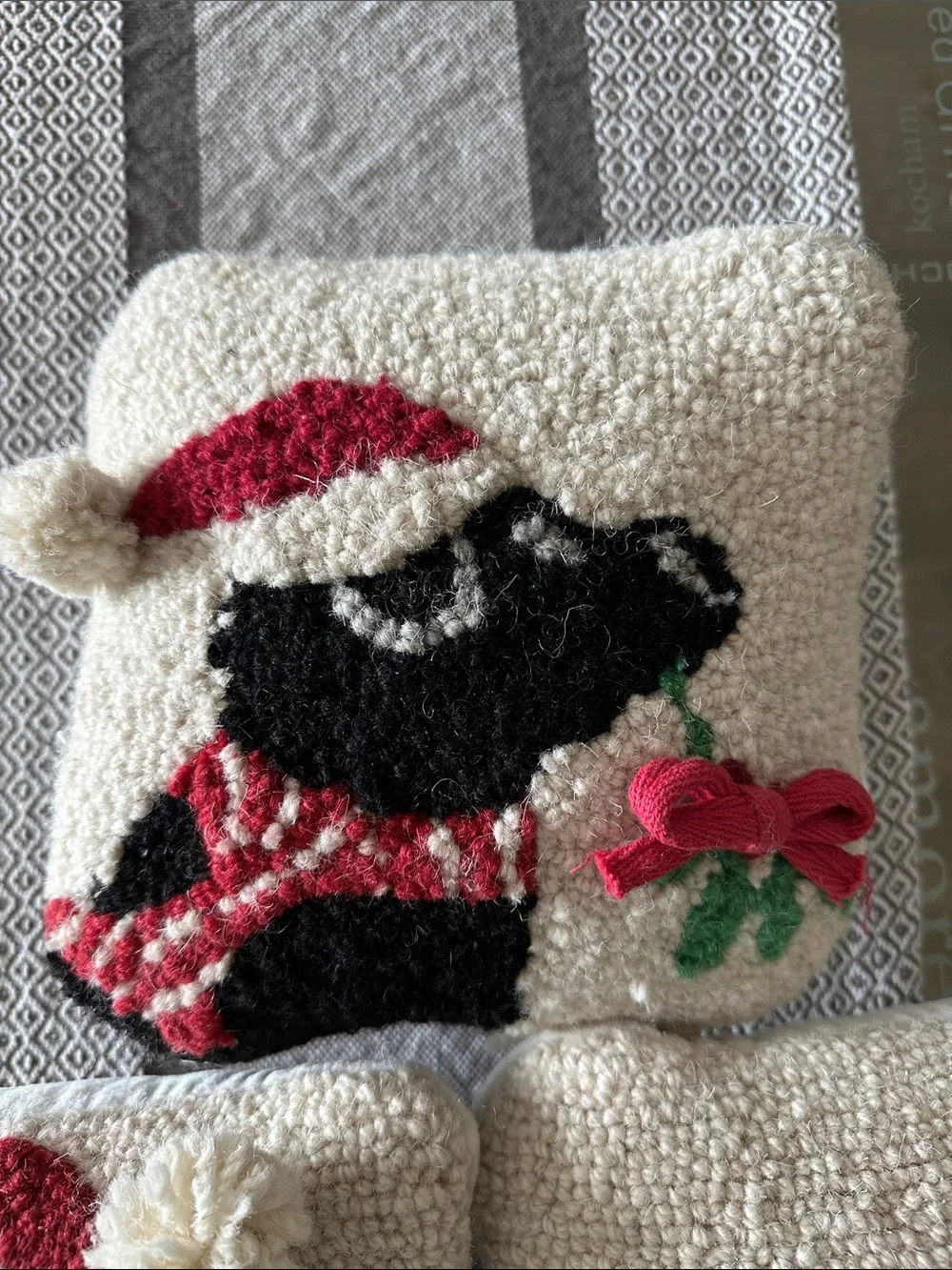 New set of 3 Christmas hooked wool dog pillows Mud Pie